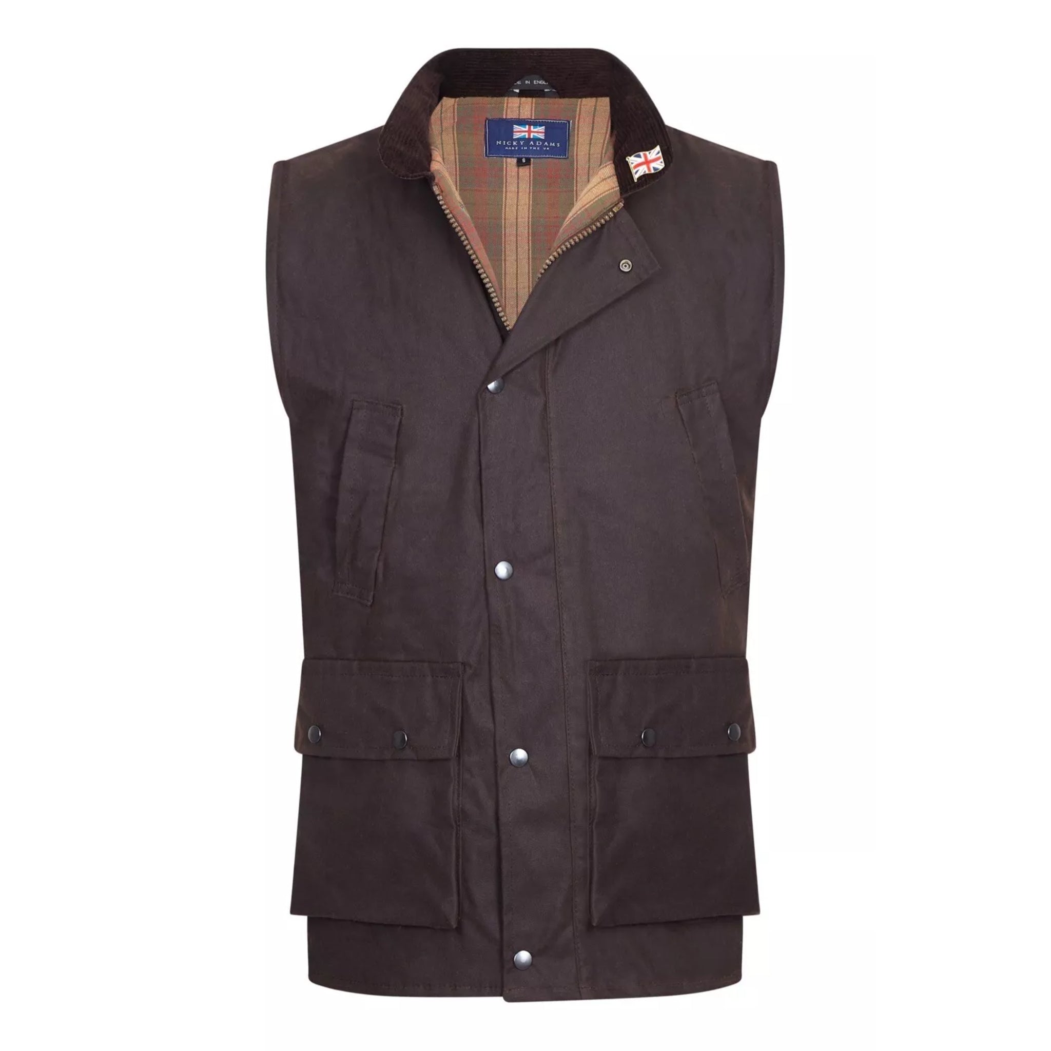 Men's Nicky Adams branded brown waterproof wax waistcoat with multiple pockets and tartan lining